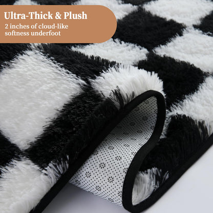 ThreadGlobe Checkered Shag Area Rug 4'x6', Black and White Plush Rug for Living Room, Non-Slip Soft Carpet for Bedroom Nursery, Modern Floor Decor with Grid Pattern, 4x6