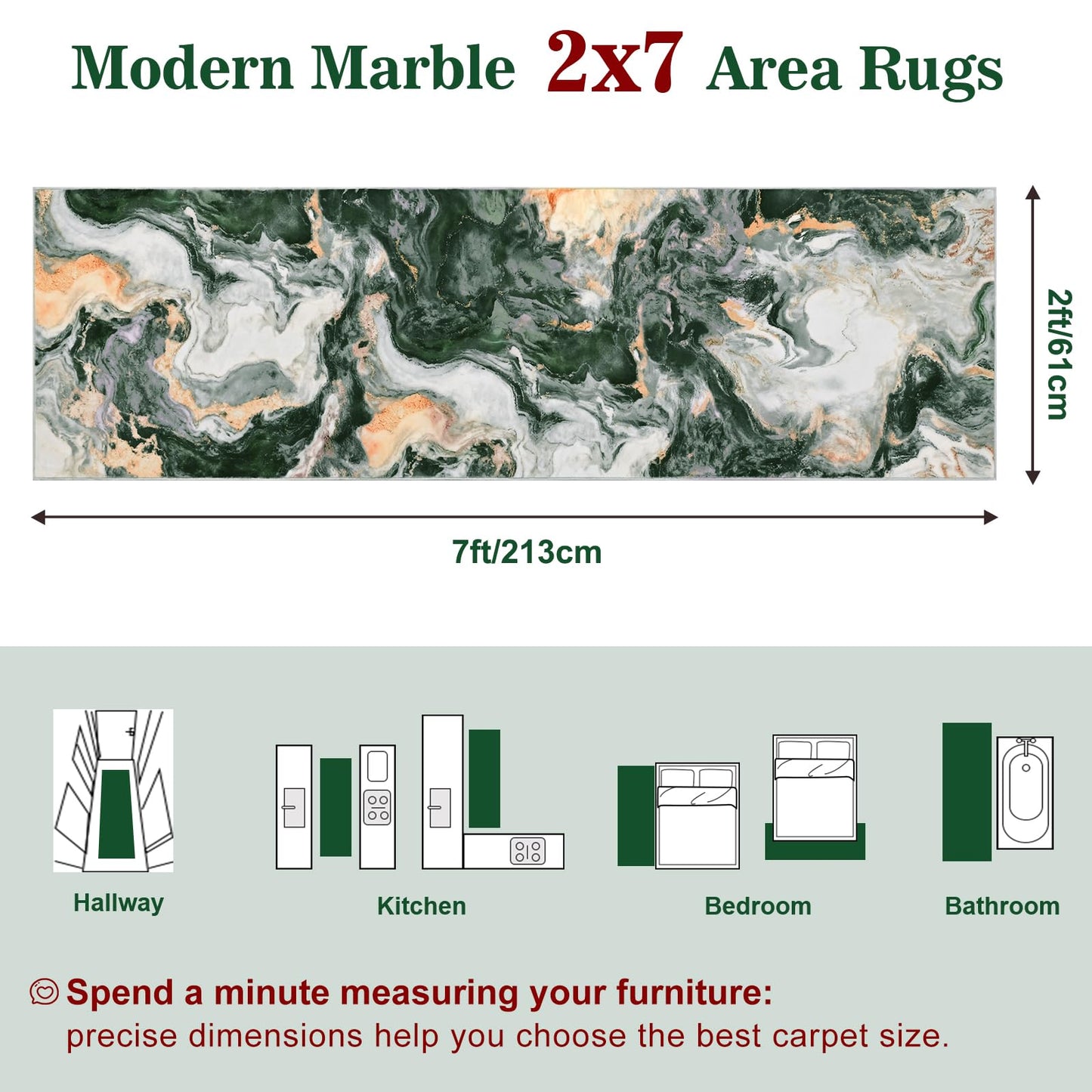 Yinhua 2x7'3 Rug Runners for Hallways, Marble Runner Rug Non Silp, Soft Abstract Kitchen Runner Rugs Non Shedding, Washable Area Rugs Green and Gold, Stain Resistant Carpet for Bathroom Entryway Hall