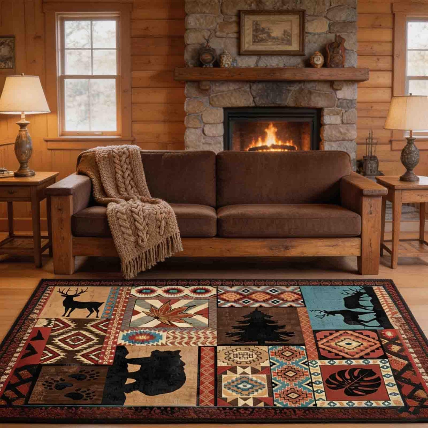 Washable Area Rug 3x5, Rustic Lodge Bear Rugs for Entryway Non Slip Low Pile Southwestern Area Rugs Vintage Large Soft Carpet for Bedroom Office Kitchen Dining Room