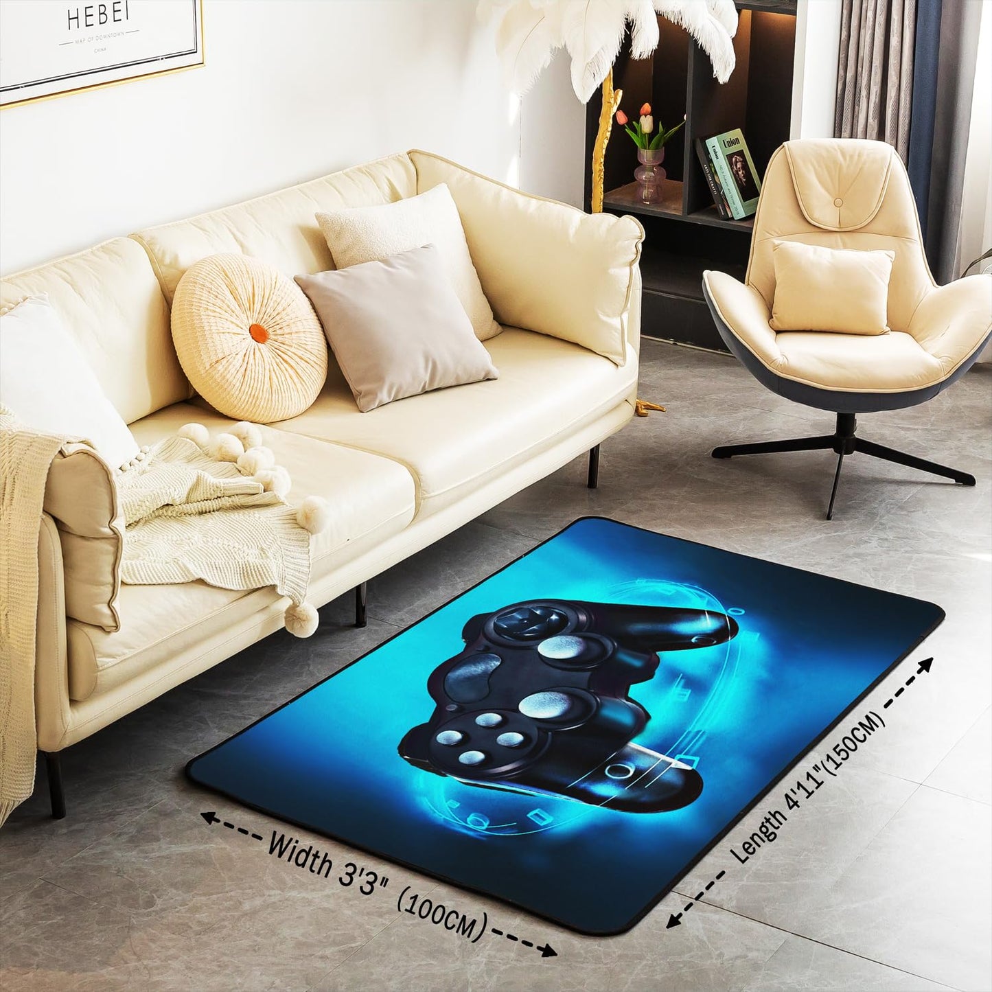Feelyou Gaming Area Rug Blue Game Console Rugs for Boys Teens Bedroom Sofa Playroom Living Room Kids Gamer Room Decor Game Console Carpet Indoor Floor Mat Soft Surface, Non-Slip Backing 3'x5'