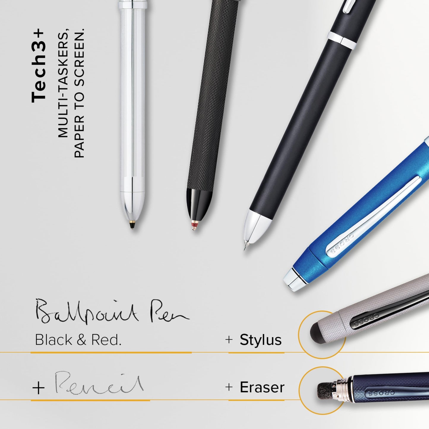 Cross Tech3+ Refillable Multi-Function Ballpoint Pen with Stylus, Medium Ballpen and Pencil, Includes Premium Gift Box - Brushed Black