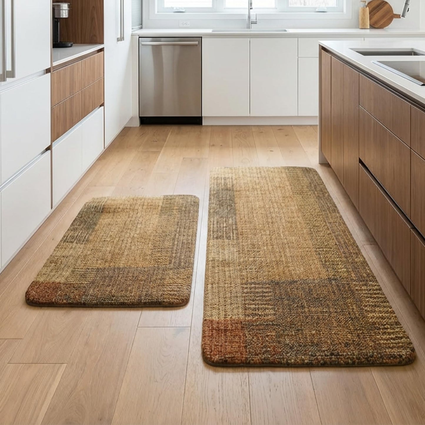 Joomavink Kitchen Rugs and Mats Non Slip Washable of 2 Pieces, Anti Fatigue Runner Rug for Cocina, Front of Sink，Laundry Rooms，Easy to Clean Kitchen Floor Mat Sets.(Yellowish-Brown)