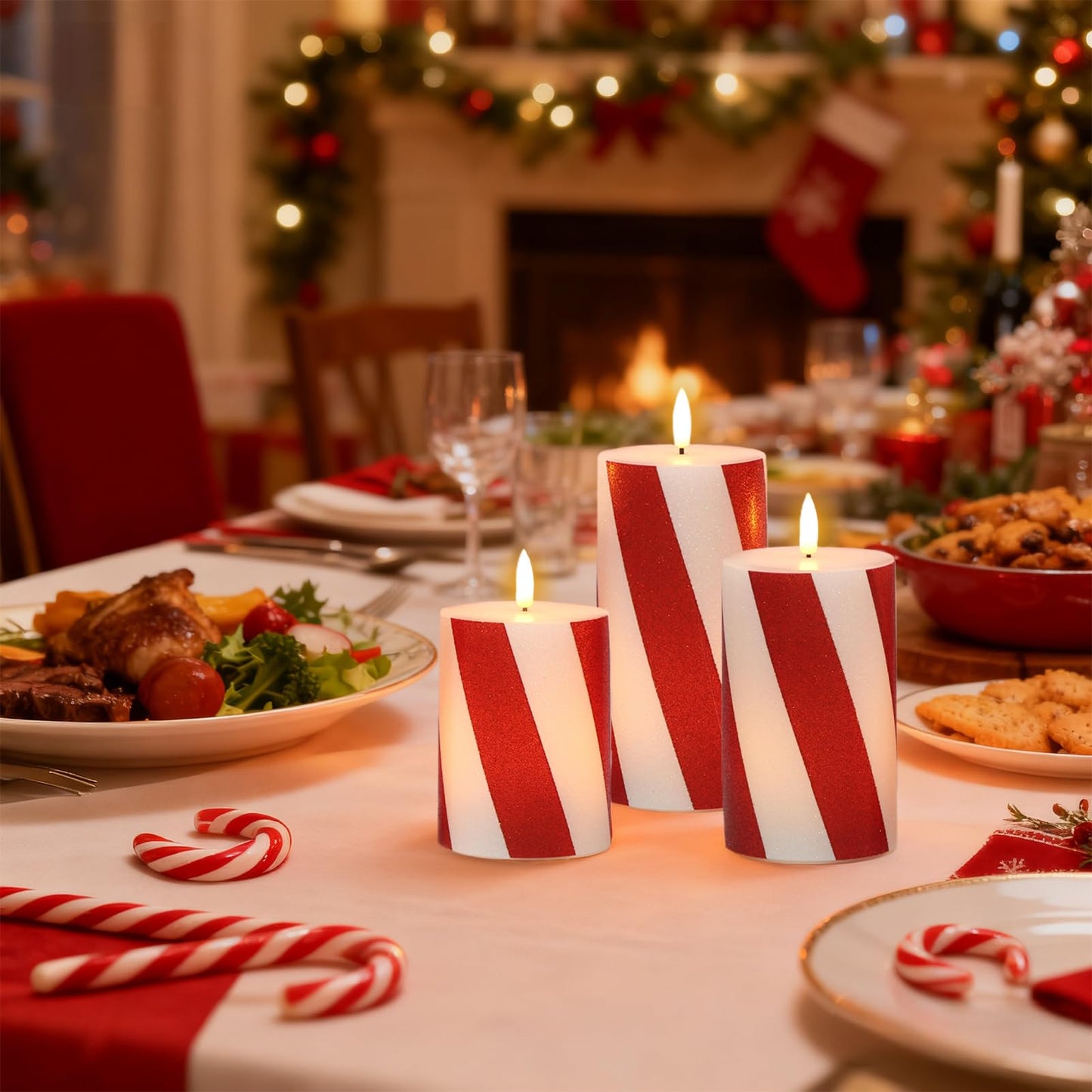 Wondise Christmas Red Stripes Glitter Flickering Flameless Candles with Remote Timer, Battery Operated Pillar Candles Real Wax LED Candles for Home Christmas Decoration Gift(D3 x H4 x5 x6)