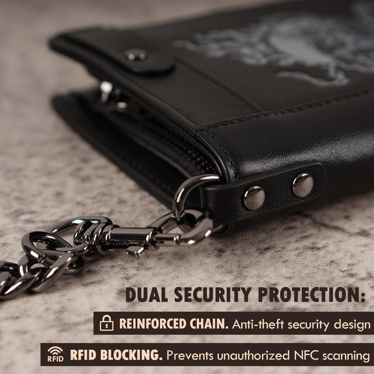 skneephate Mens Leather Wallet With Chain Skull Bifold Wallets Zipper Coin Pocket Rfid Blocking Gift For Him Husband (black)