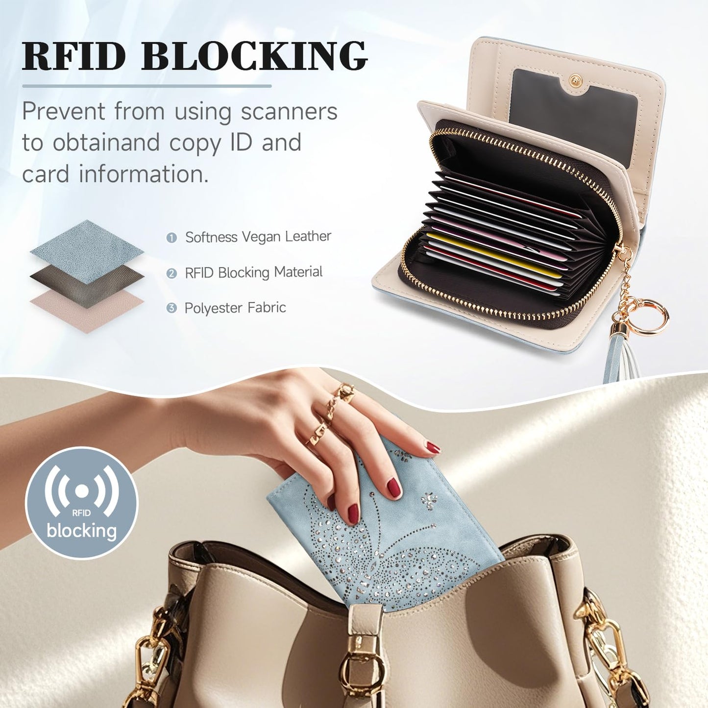KITEVIUN Women RFID Blocking Small Bifold Wallet, Compact Cash Clutch with Zipper Coin Pocket, Glittery Butterfly Design, Credit Card Holder, Travel Purse with Tassel BLUE