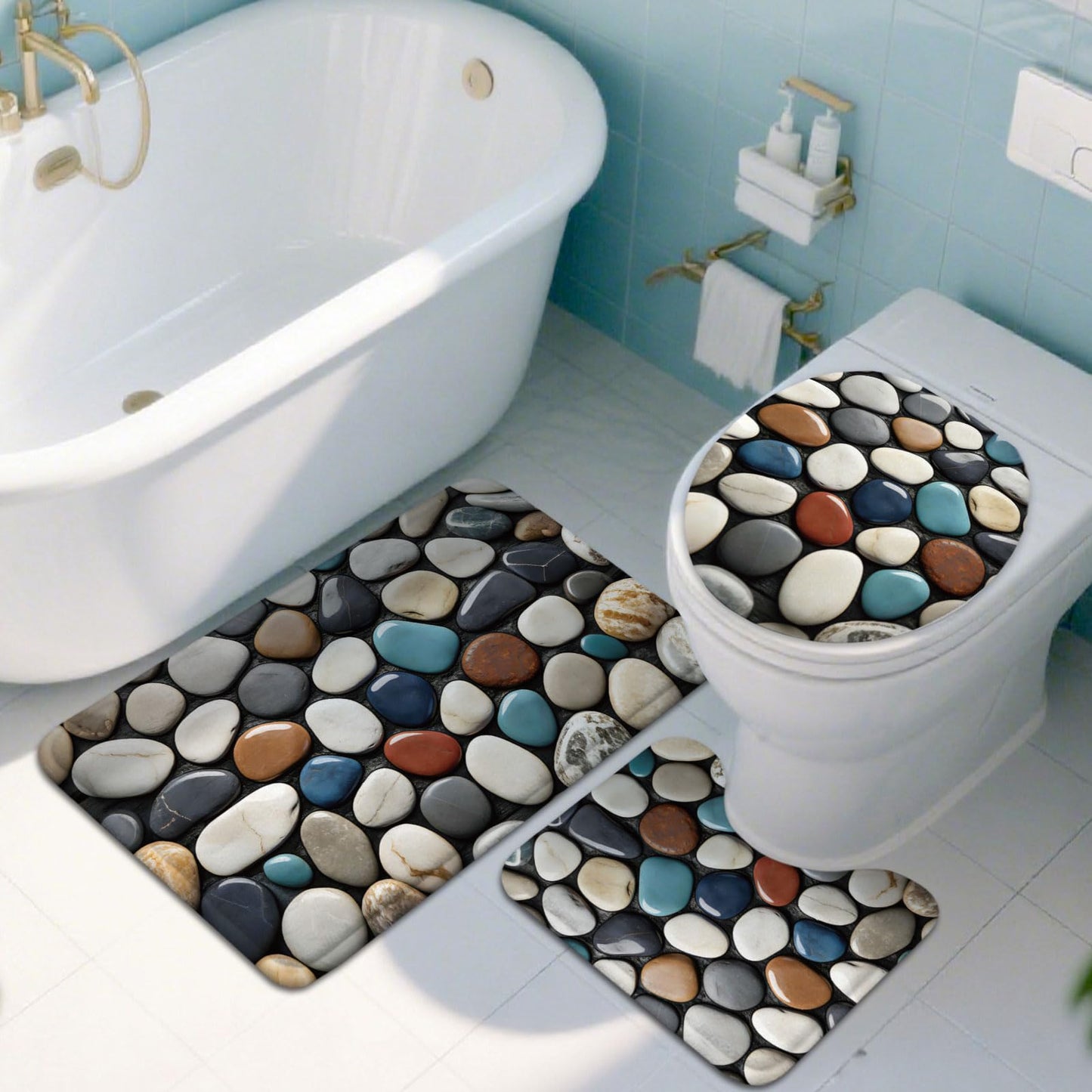peacoblue Pebble Bath Mats for Bathroom Rugs Sets 3Pcs with Toilet Lid Cover, Non Slip Bath Rug and Contour Mats Sets, Washable Toilet Carpet for Bedroom Kitchen Tub Home Decor
