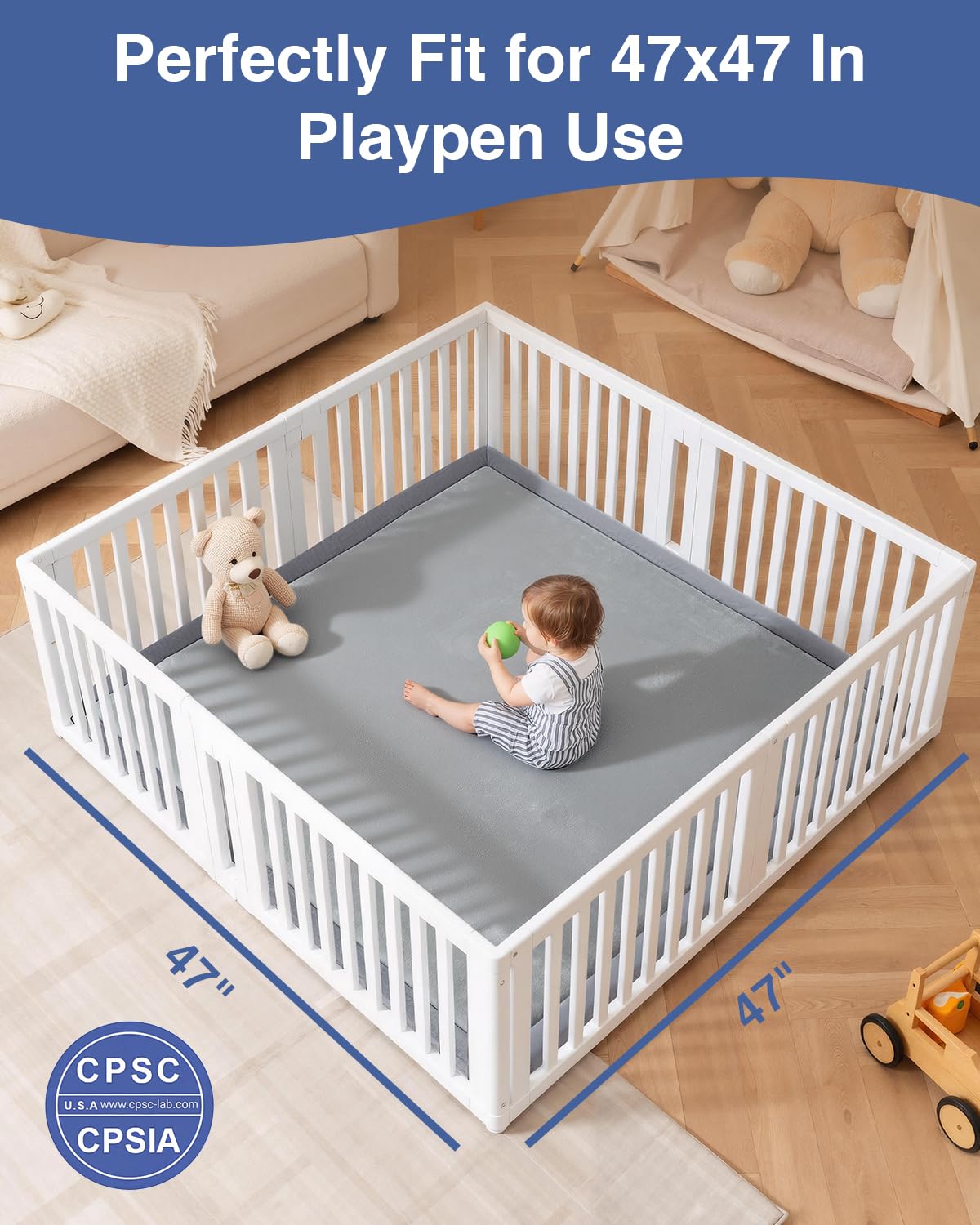 Baby Play Mat for Floor,1.3" Thick 47x47 Play Mat for Playpen,Tummy Time Foam Mats,Plush Soft Padded Playmate for Babies 6-12 Months Crawling,Non-Slip Nursery Rug for Toddler Kids Playroom(Grey)