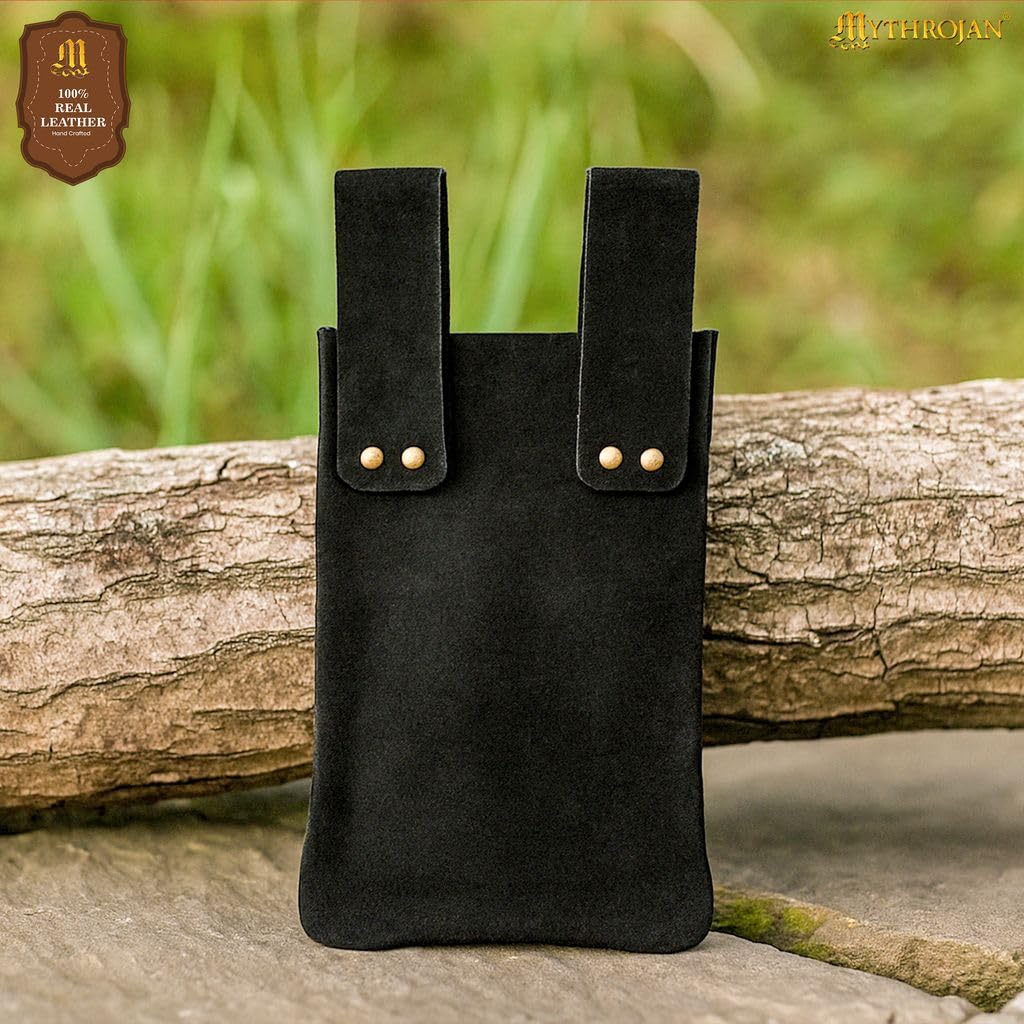 Mythrojan Medieval Renaissance Suede Jewelry Belt Pouch LARP Costume Waist Bag for Historical Reenactment, Cosplay, Stage Props - Black