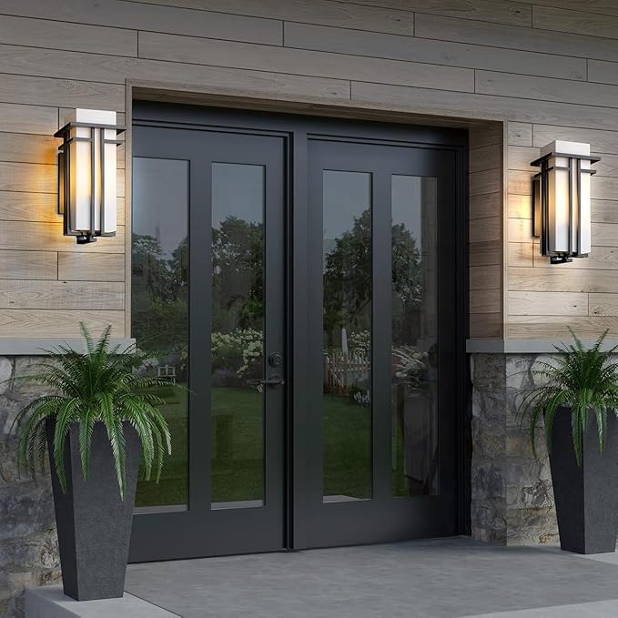 Outdoor Wall Light Fixtures, Exterior Waterproof Lanterns, Porch Sconces Wall Mounted Lighting with Modern Frosted Glass, Black Aluminum Wall Lamps for Patio Front Door Entryway, (Type_A 12.2''H)