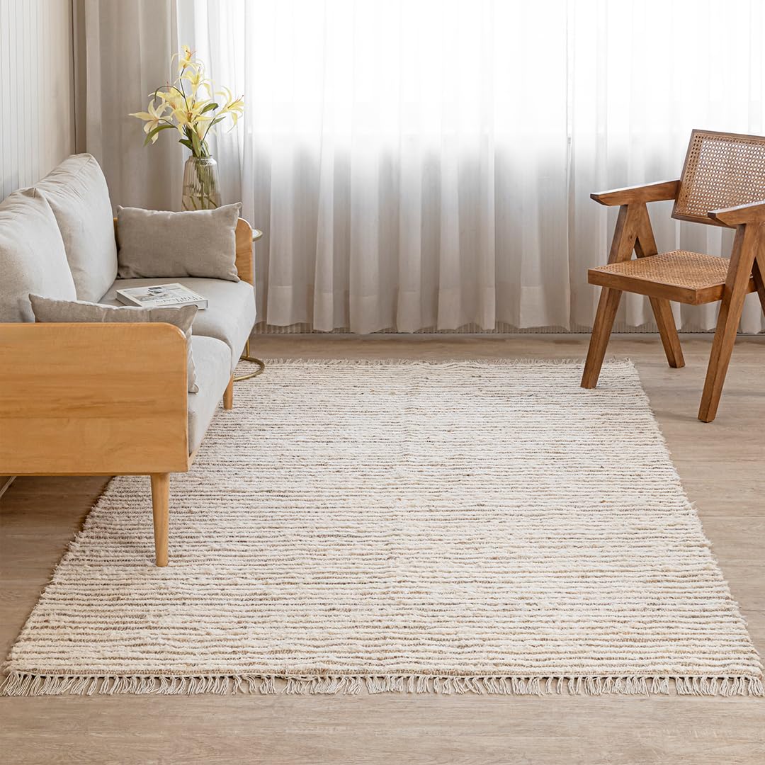 HOMEMONDE Jute Cotton Area Rug 6x9 ft Large Rectangle Hand Woven Natural Farmhouse Rugs for Living Room, Bedroom, Kitchen, High Traffic Area - Rustic Vintage Bohemian (Natural Offwhite)