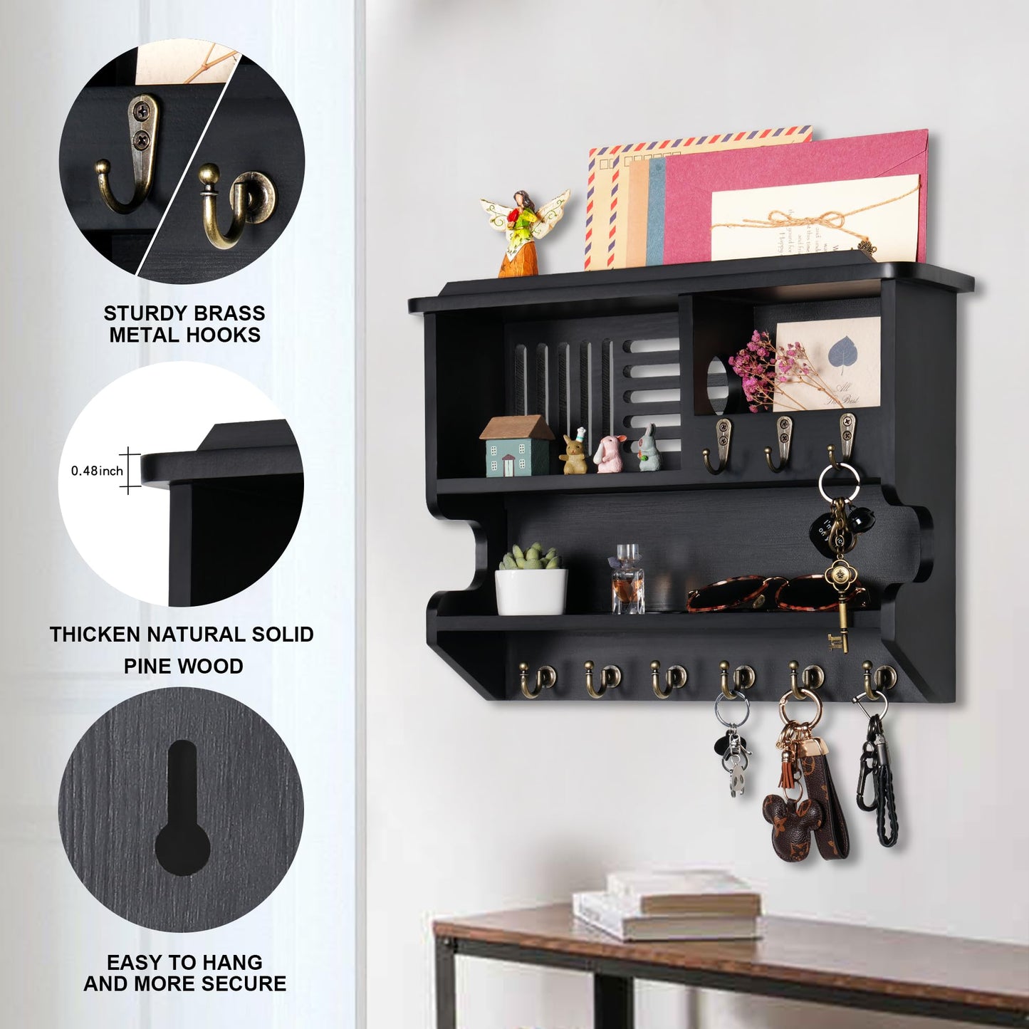 Mutsault Key Holder for Wall, Mail and Key Holder for Home Decor, Key and Mail Holder for Wall with Key Hooks, Black