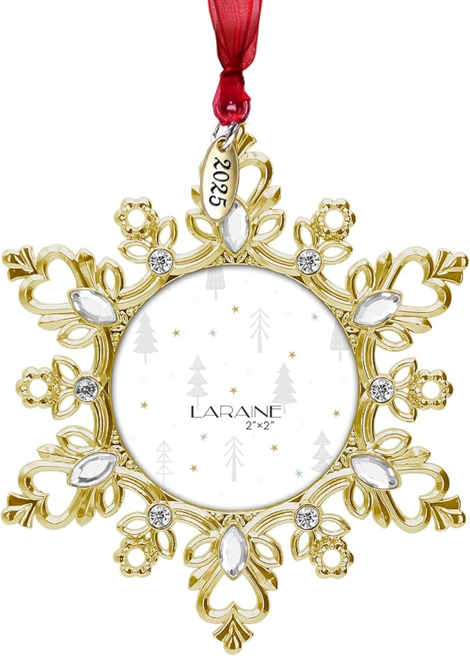 Laraine Christmas Tree Ornaments – Decorative Hanging 2025 Holiday Keepsake Gift Snowflake Pendant with 2” Photo Frame Insert for Picture of Pet (Snowflake Gold (2025))
