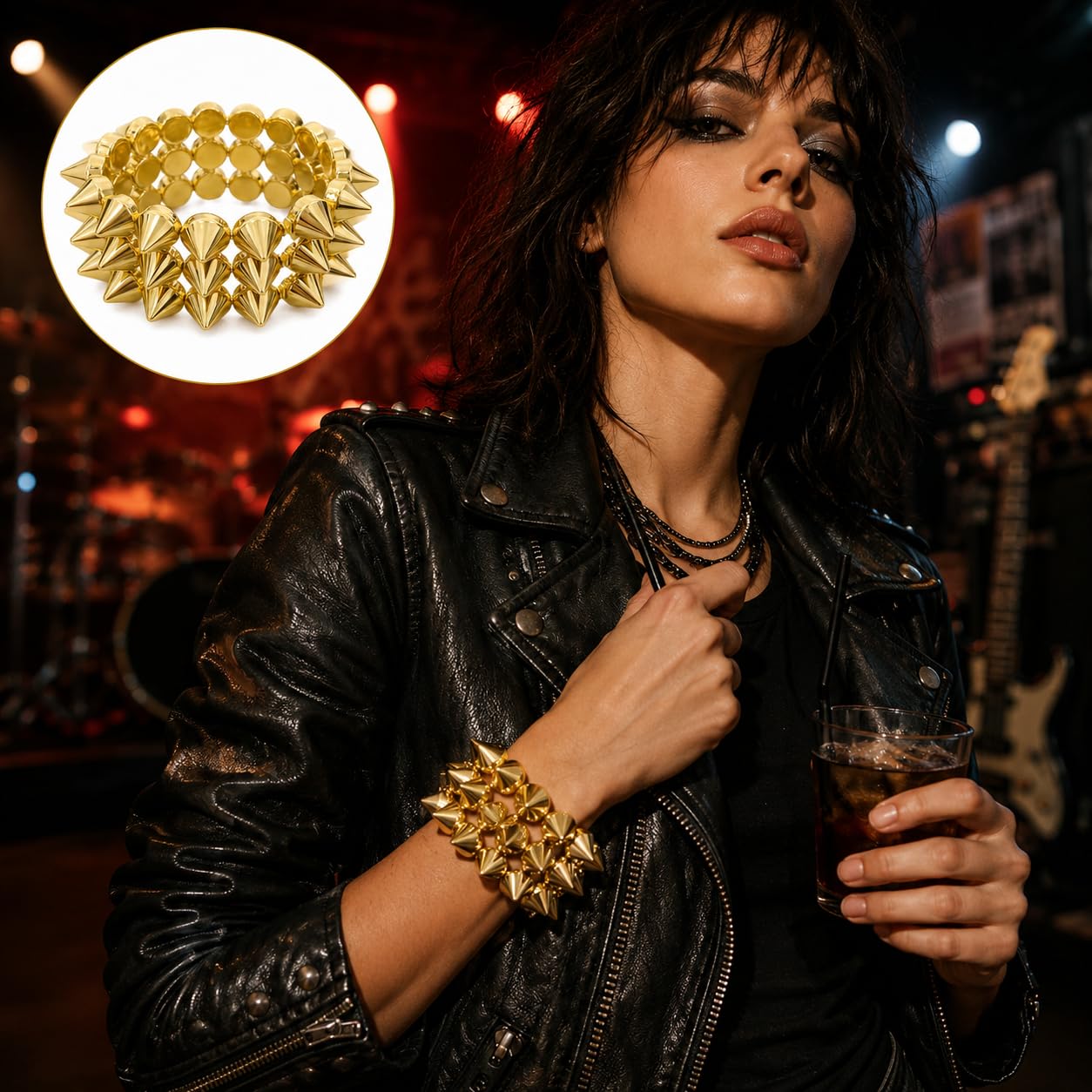Embtrem Gold Studded Spike Bracelet for Women, Punk Bracelets Wide Stretch Cuff, Gothic Studded Bracelet, Y2K Statement Street Style Jewelry for Festival Party Outfit