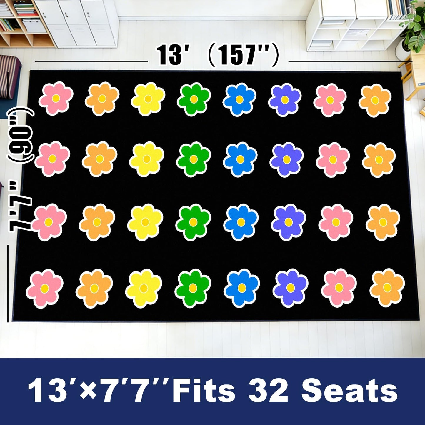 MAISONRINA Large Classroom Rugs Elementary, 7'7" x 13'1" Black Classroom Rug with Flowers Floral for Daycare& Playroom, Circle Time Carpet Educational Area Rugs for Preschool Library,Seats 32