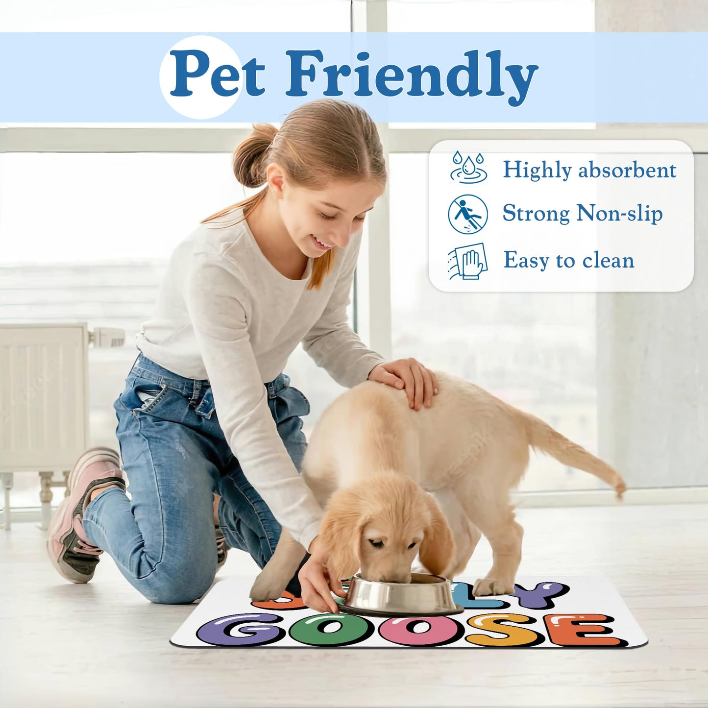 Silly Goose Pet Food Mat for Cats and Dogs–Absorbent Quick Dry Feeding Placemat, Non Slip Rubber Base, Waterproof Bowl Mat for Indoor Use, Pet Supplies 16"x24"