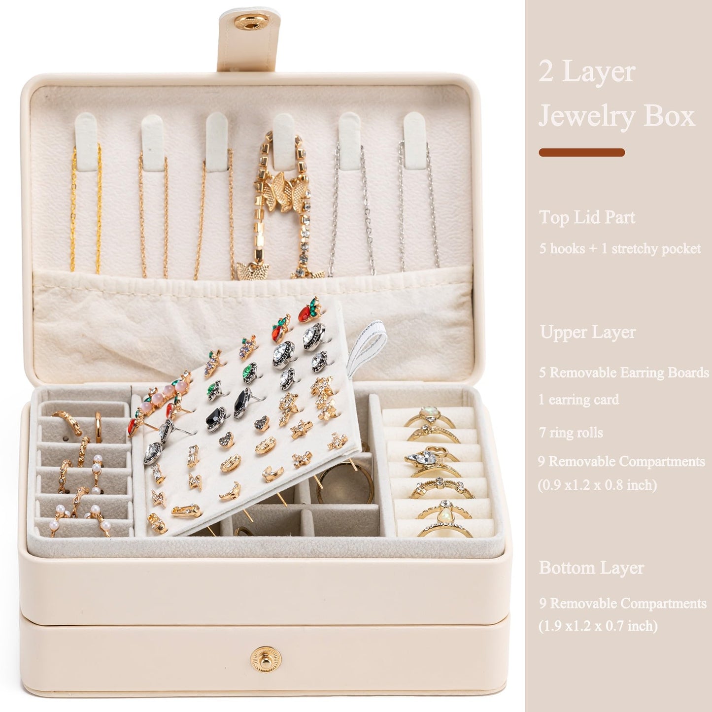 MODENGKONGJIAN Jewelry Organizer Box, 2-Layer Large Jewelry Storage Case, Portable Travel Jewelrys Display Holder for Earrings, Necklaces, Bracelets (Beige, PU Leather)