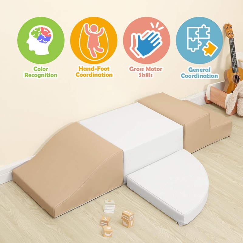 TODIBY 4-Piece Soft PU Leather Toddlers Climbing Toys, Baby Foam Climbing Blocks for Toddlers 3, Foam Play Gym Climbing Structures, Indoor Climb and Crawl Activity Play Set (White and Coffee)