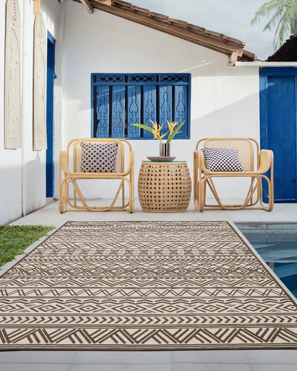 Outdoor Rug Carpet 5x8 ft, Flatweave Textured Outdoor Patio Rug Non Slip Indoor Outdoor Rugs with Rubber Particles Backing Boho Outdoor Area Rug for Patio Deck Front Porch Backyard Balcony, Brown