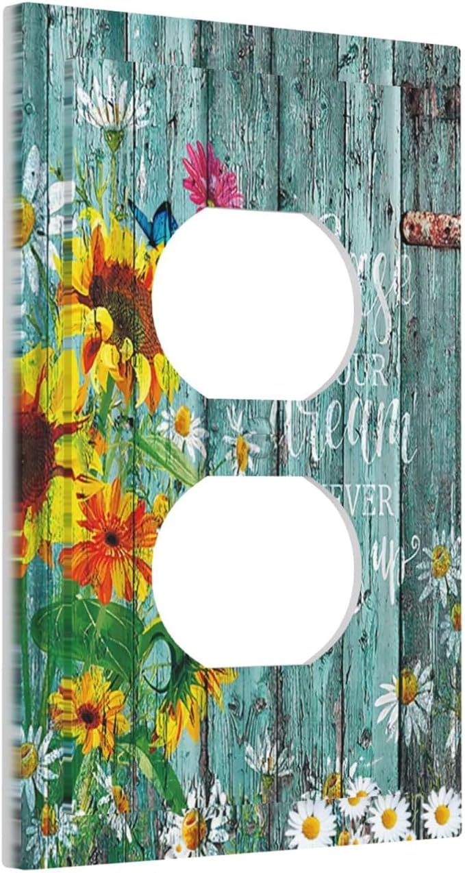Turquoise Rustic Wood Planks Sunflower Butterfly 1 Gang Outlet Plate Decorative Single Duplex Wall Plate Covers Electrical Receptacle Light Switch Cover Switchplate for Country Bathroom Decor