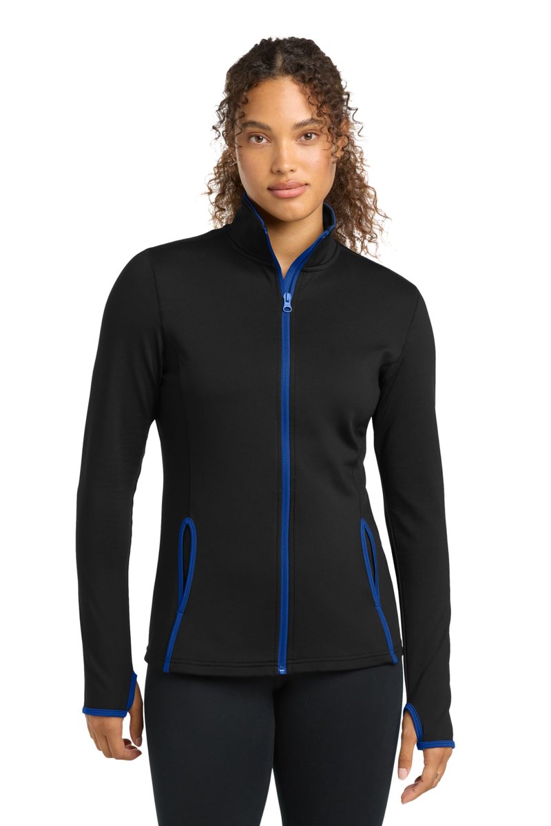SPORT-TEK Women's Sport-Wick Stretch Contrast Full Zip Jacket | Zip Up Jacket for Women, Lightweight Sweatshirt for Everyday, Black/True Royal, Large