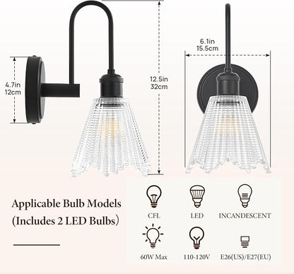 Wall Sconce Set of 2, Black Vintage Light Fixtures with Long Clear Glass Lampshade, Hardwired Sconces Wall Lighting for Bedroom, Bathroom, Living Room | Includes 2 LED Bulbs