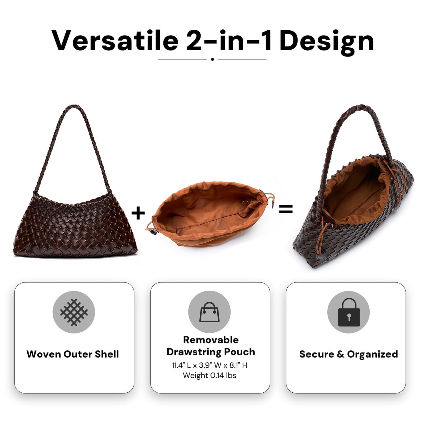 YDF Small Woven Purse for Women, Vegan Leather Shoulder Bag, Slouchy Tote Bag with Inner Drawstring Pouch, Underarm Handbag- Dark Brown