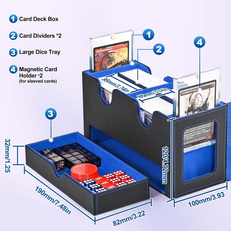 MTG Commander Deck Box - 3-in-1 Magnetic Card Organizer with 2 Top Loaders & Dice Tray | Fits 200 Double Sleeved Cards (Black/Blue)