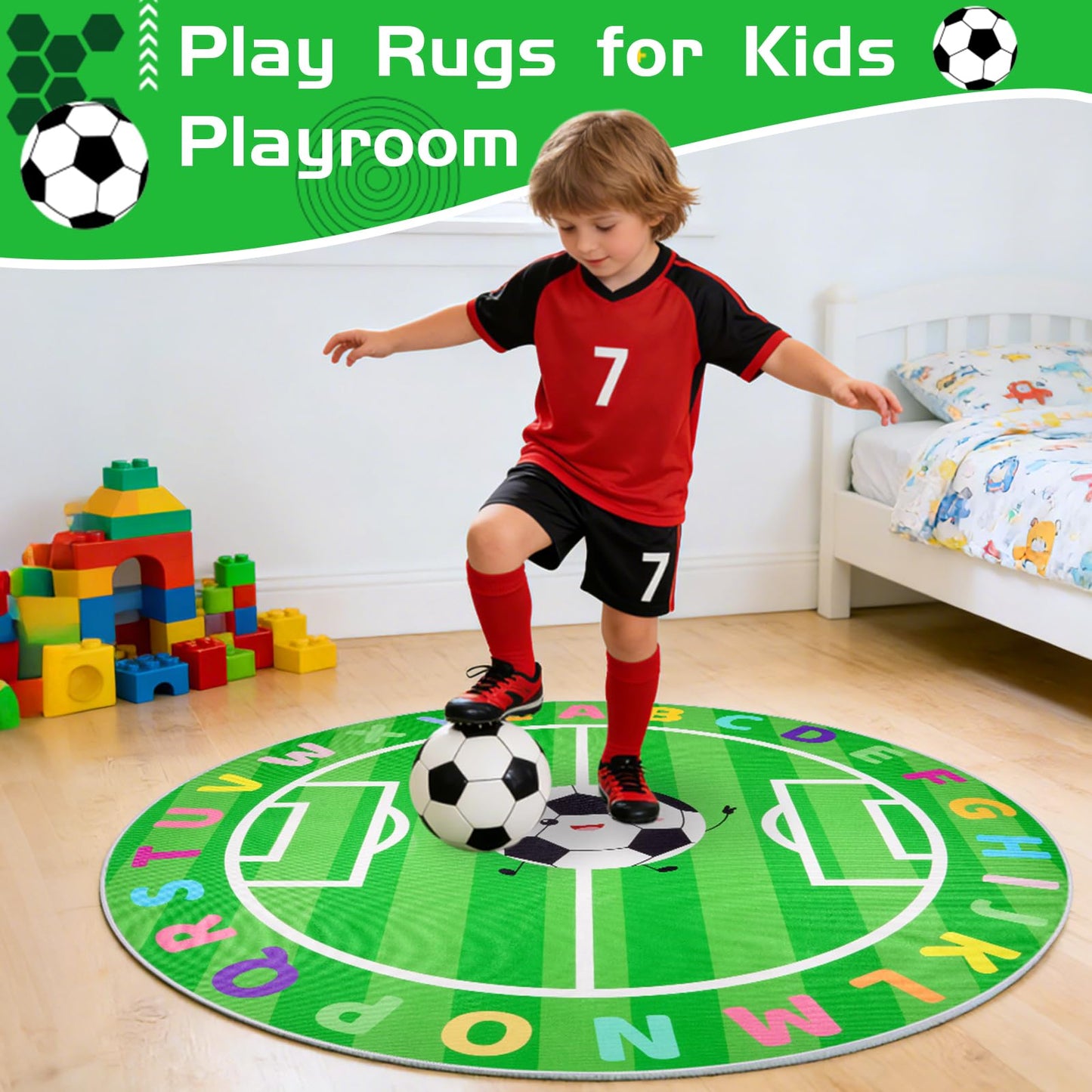 ZeffuLyne ABC Circle Rug, 4ft Playroom Rug with Soccer & ABC Alphabet, Soft Soccer Rugs for Kids, Non-Slip Circle Rugs for Baby, Toddlers, Boys Girls