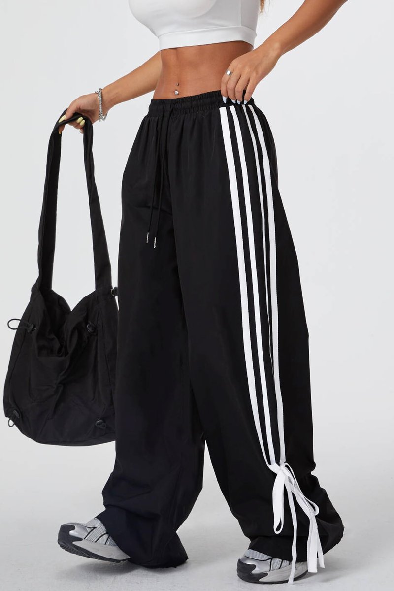 BEAUDRM Women's Y2K Baggy Bow Wide Leg Pants Striped Track Elastic Waist Long Sweatpants Parachute Pants Black and White Large