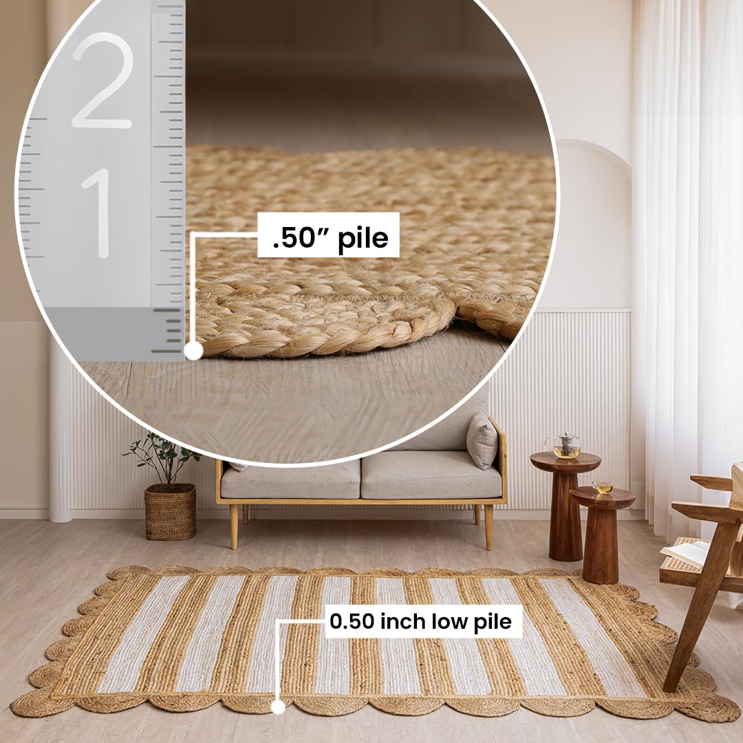 HOMEMONDE Scalloped Jute Rug 8x10 ft - Boho Rustic Vintage Farmhouse Style Eco-Friendly Jute Fiber Area Rug Hand Braided for Living Room, Bedroom, Dining Room