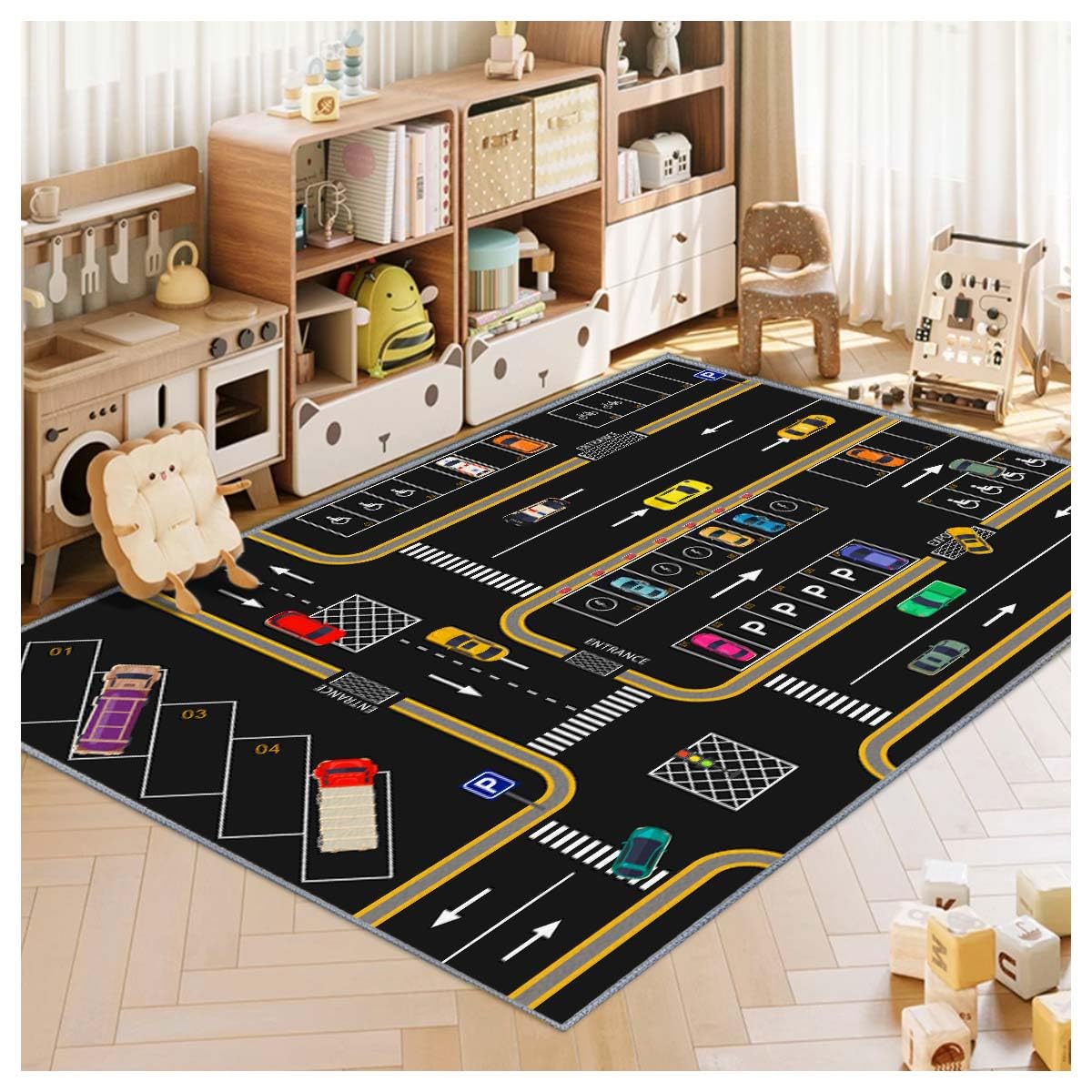 Kids Rug,Children's Room Rug, Fun Car Park Kids Play Mat, Rail City Living Carpet, Washable Non-Slip Children's Carpet (Parking, 31x47in)