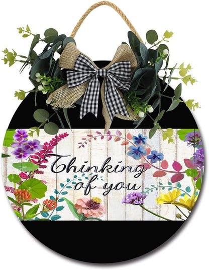 Garden Thinking Of You Front Door Sign Funny Wreaths Hanging Wooden Plaque Decoration Round Rustic Wood Farmhouse Porch Decor for Home Front Door Decor, 11 x 11 Inch