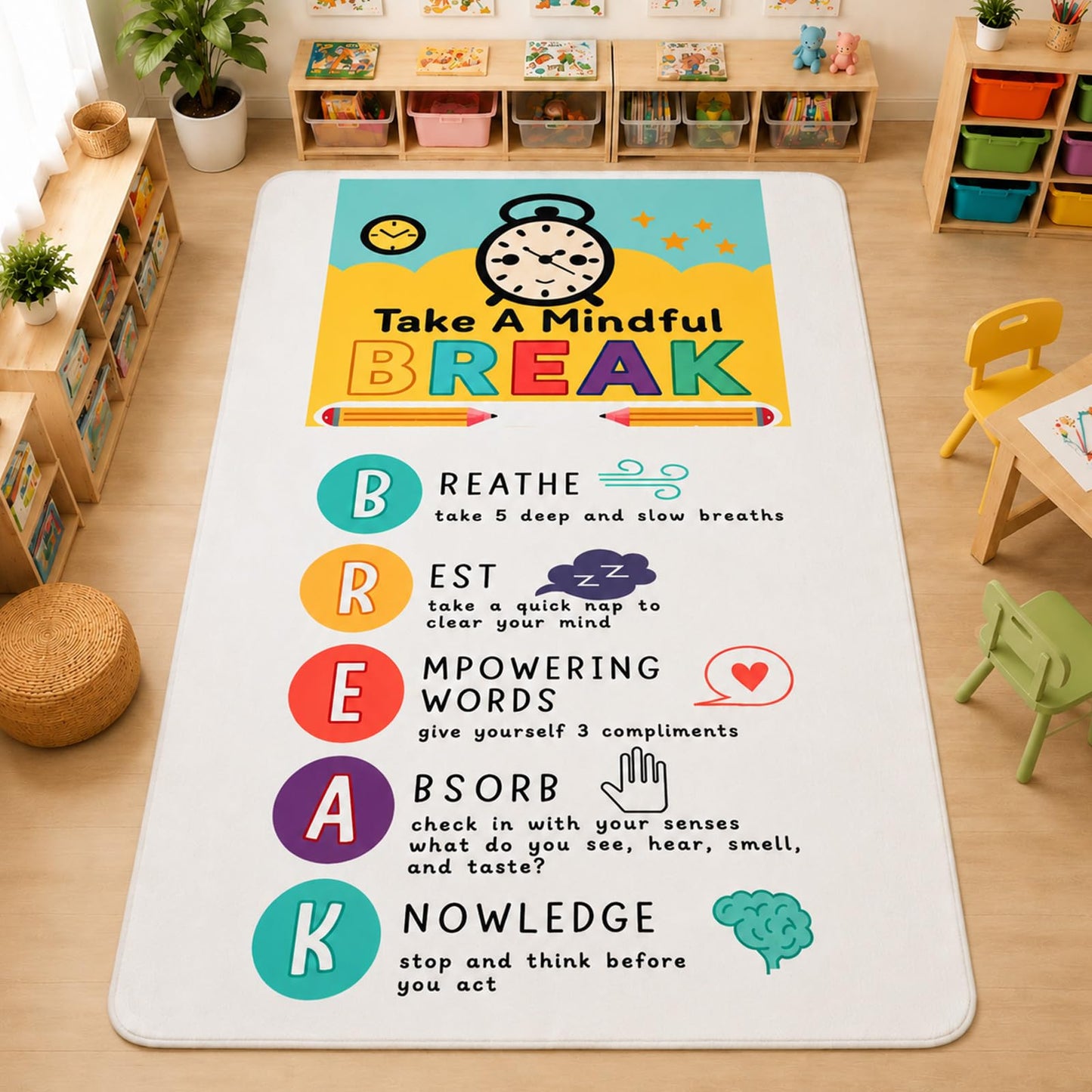 Nuanchu 3 x 5ft Classroom Rug Elementary, Calming Corner Classroom Rug, Floor Mental Health Mat Anti-Skid for Nursery Homeschool Playroom Elementary(Take A Mindful Break)