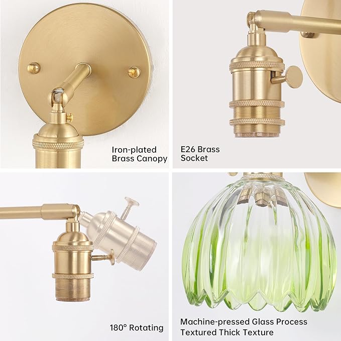 Vintage 5000 mAh Battery Operated Wall Sconce with Green Clear Tulip Gradient Glass Lampshade Rechargeable Battery Powered Wall Light with Remote Control for Bedroom, Set of 2