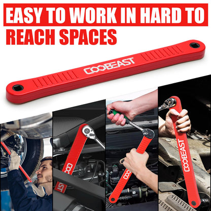 coobeast Red Offset Extension Wrench Impact Ready Socket Wrench Extender Tool with Versatile 1/4", 3/8", and 1/2" Square Drive Adapters, Universal Extensions Wrench for Small Place