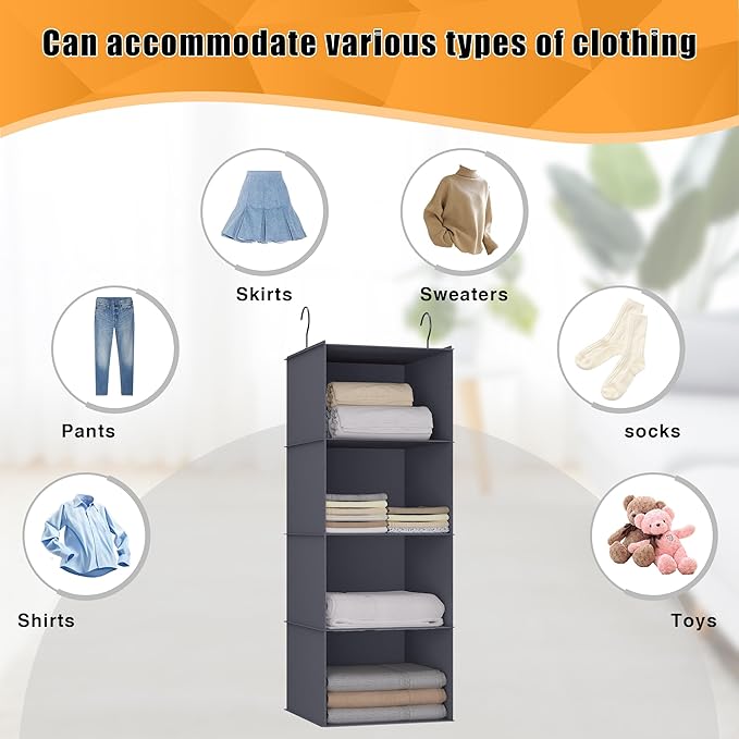 Hanging Closet Organizer, Easy Mount Foldable 4-Shelf Hanging Closet Wardrobe