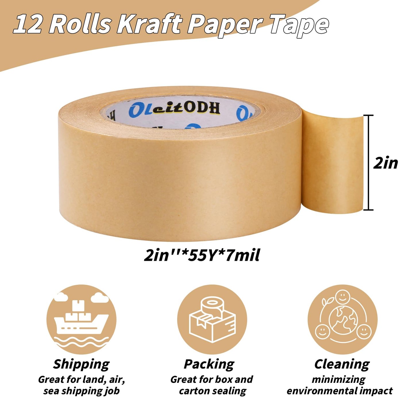 Oleitodh 12 Pack Brown Paper Packing Tape, Kraft Paper Tape Bulk 2" x 55 Yardx 7 mil Gummed Tape for Marking, Sealing Box, Masking, Shipping, Strong Adhesive Easy-to-Tear Waterproof Tape