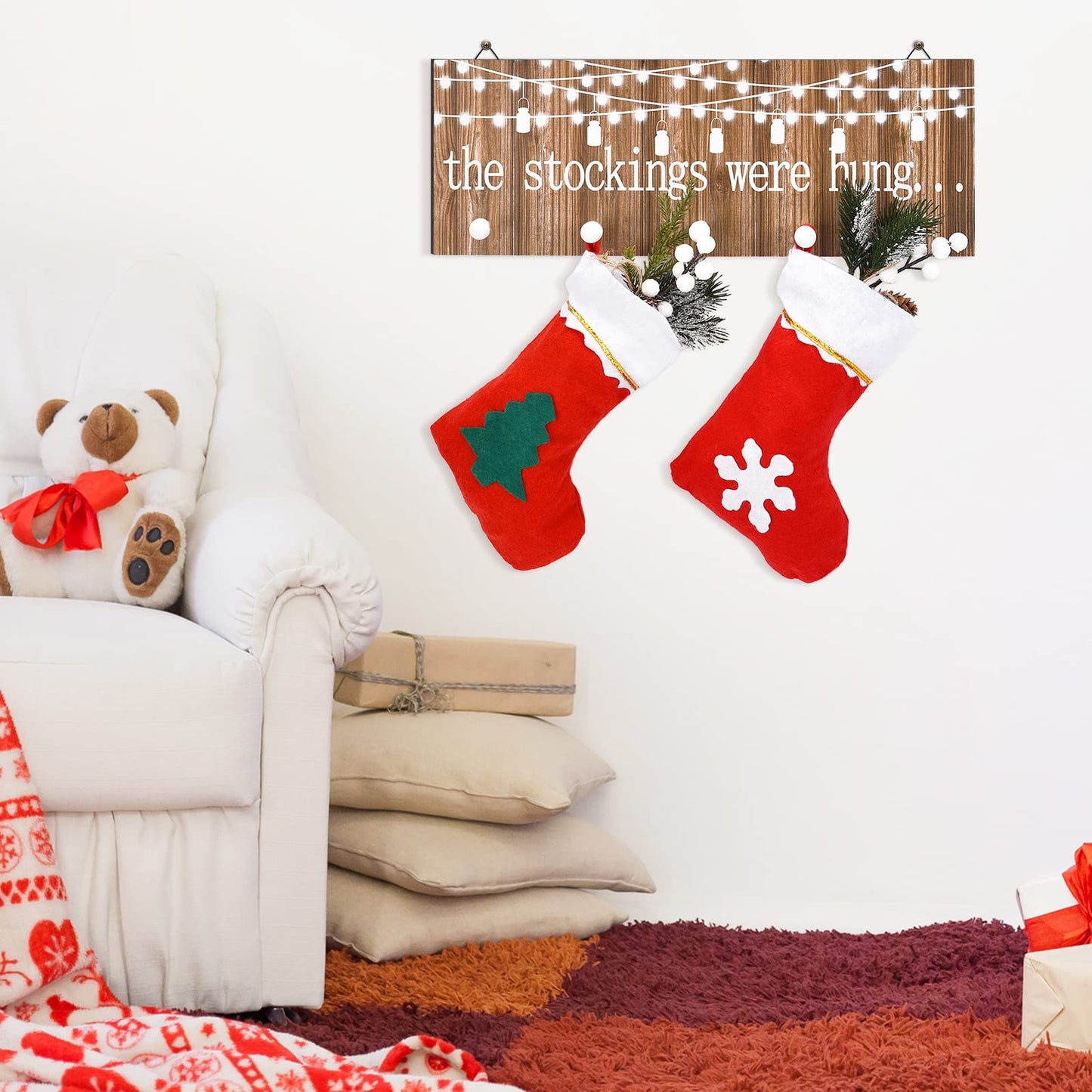Blulu Christmas Stocking Holders with 5 Hooks Wood Christmas Stocking Hangers for Wall The Stockings were Hung Wooden Sign Xmas Wall Mount Hose Hooks Rack for Mantle Fireplace Decoration