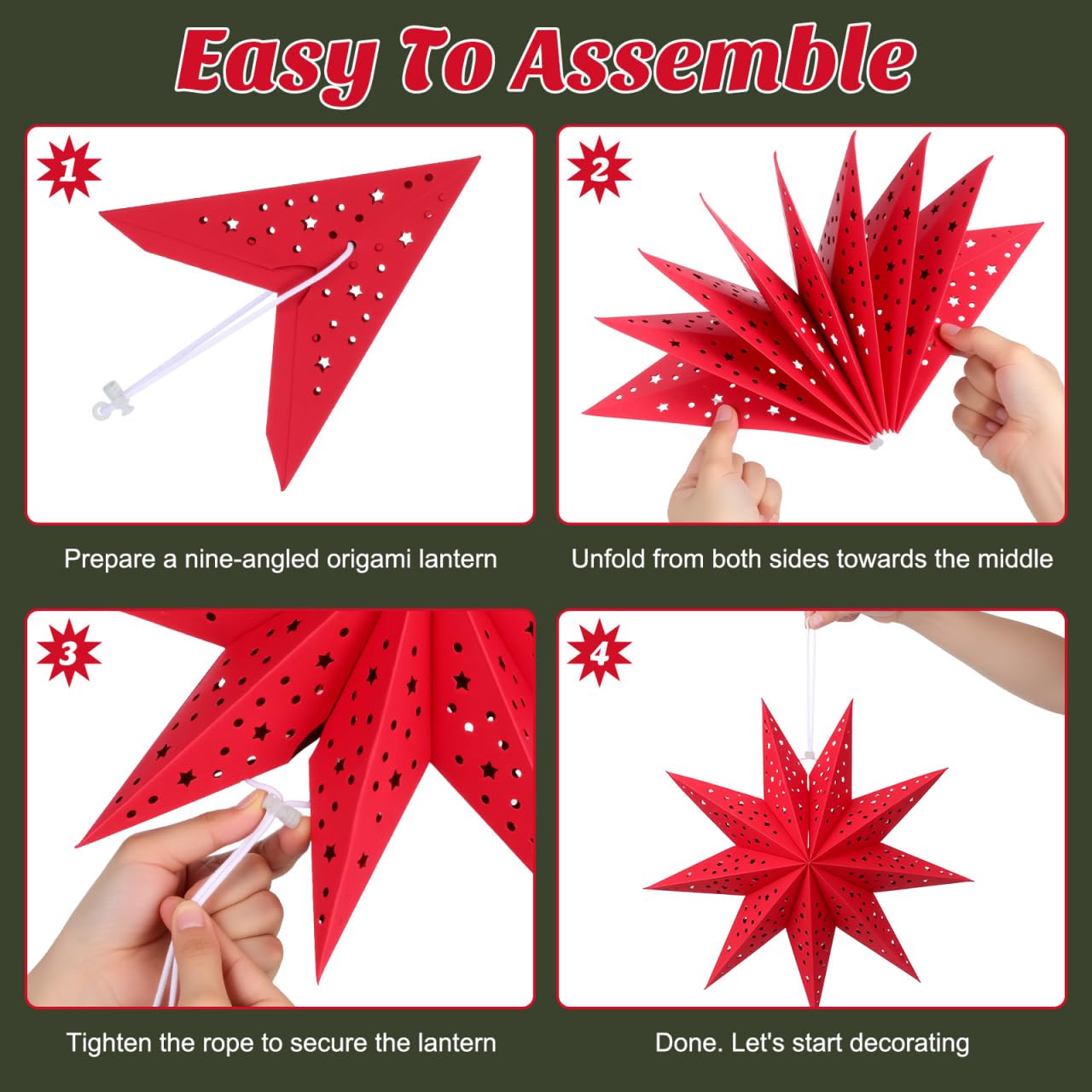 CALLARON 3Pcs Paper Star Lantern, Paper Christmas Decorations, Hanging Star Lantern, 9 Pointed Christmas Stars Lampshade, Foldable Red Lampshade Decor for Christmas, Wedding, Holiday Party, 14inch