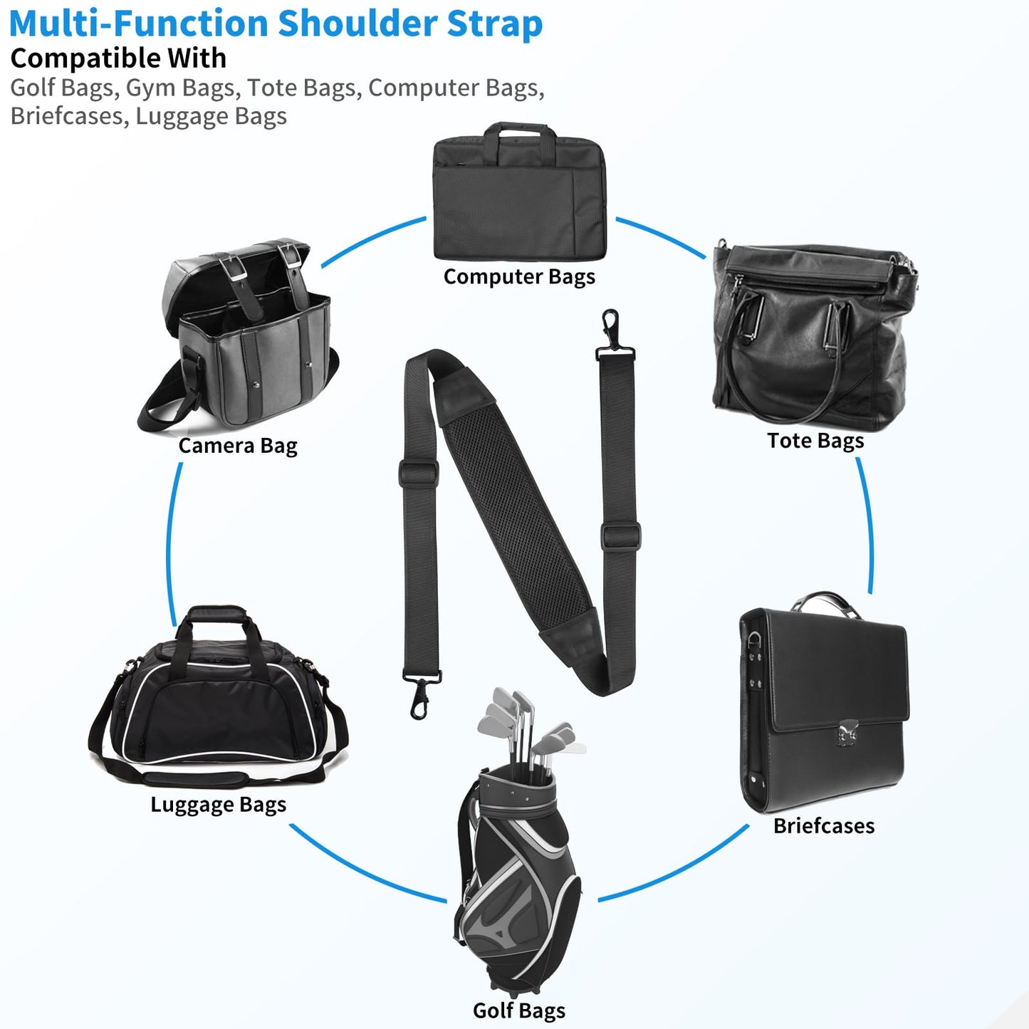FIEIL 67" Universal Shoulder Strap, Mesh Thick Padded Bag Strap with Double Adjustable Buckles and Metal Hooks, Ideal for Briefcases, Computer Satchels, Crossbody Bags, Luggage(Breathable)