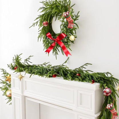 6 Ft Norfolk Pine Christmas Garland - Artificial Faux Pine Needles Real Touch Winter Garland - Indoor/Outdoor Holiday Greenery Garlands for Fireplace Mantle, Staircase, Window Decor