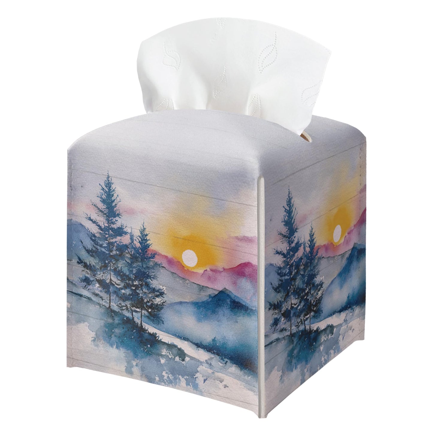 Winter Pine Tree Tissue Box Holder, Winter Forest Landscape Leather Tissue Box Cover Square, Paper Facial Decorative Tissues Cover for Night Stands Bathroom Kitchen Office Home Decor-B22