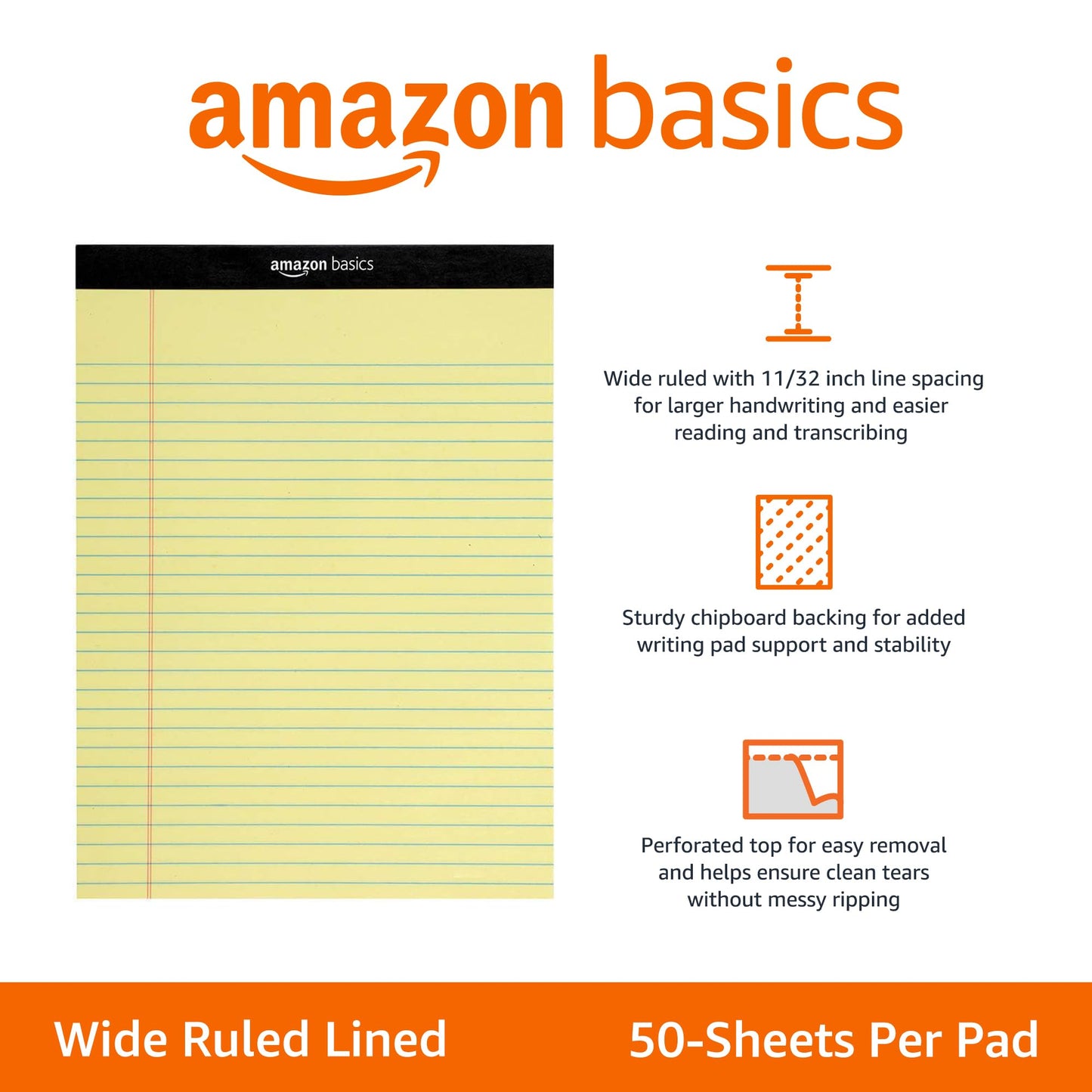 Amazon Basics Wide Ruled Lined Writing Pads, 8.5" x 11.75", Canary, 12-Pack of 50 Perforated Sheets, Sturdy Backing