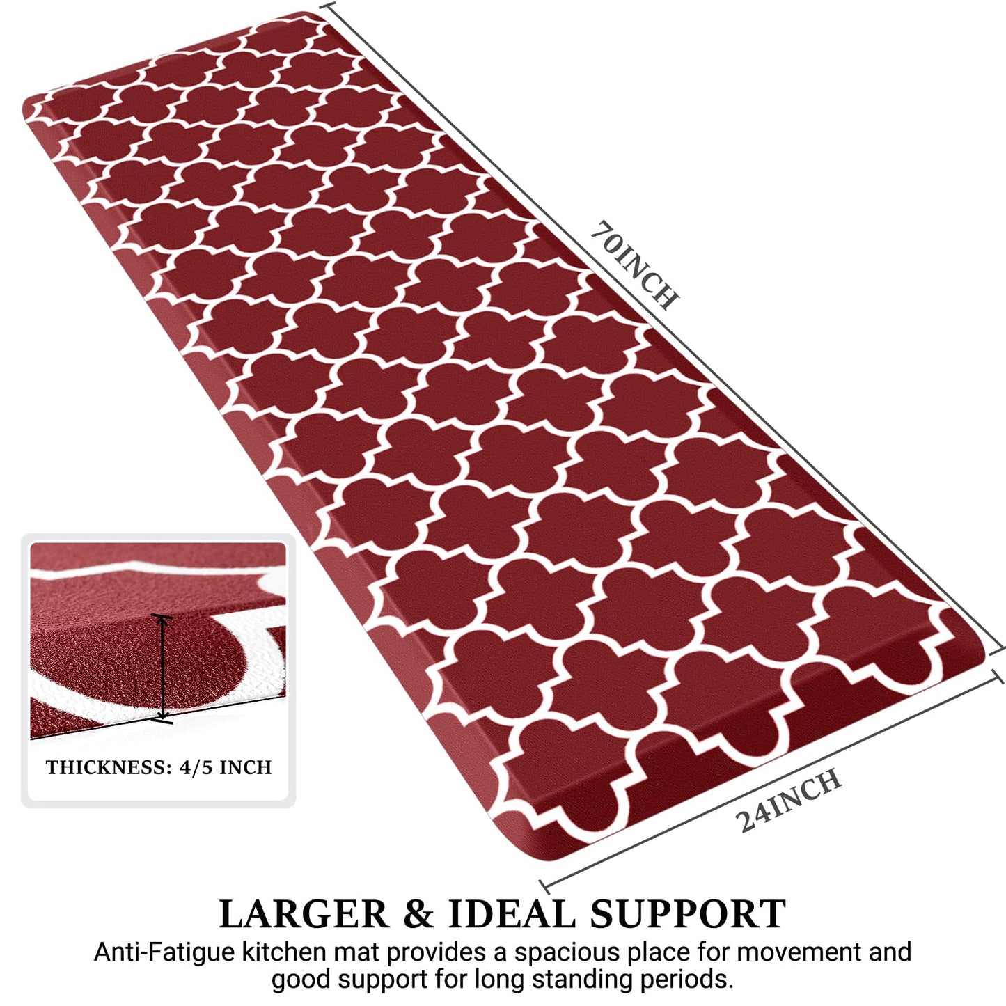 WISELIFE Anti Fatigue Floor Mat - 4/5 Inch Thick Kitchen Mat Non Slip Waterproof Heavy Duty Ergonomic Comfort Mat Durable for Home, Office, Sink, Laundry,(24" x 70", Red)