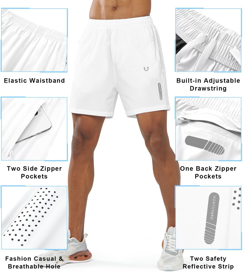 NORTHYARD Men's Athletic Running Shorts Gym Workout 7"/9"/5" Quick Dry Lightweight Sports Basketball Tennis 3 Zipper Pockets WHITE-5inch S