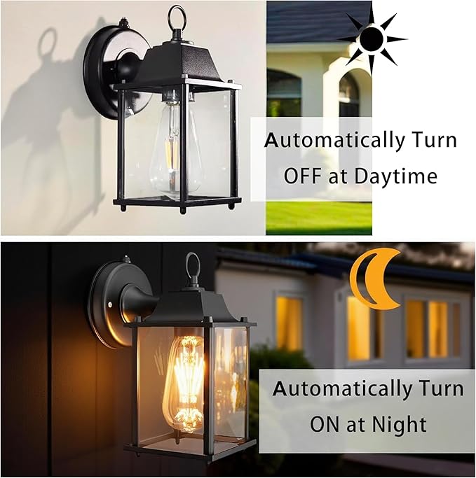 Dusk to Dawn Outdoor Wall Lights 2-Pack, Black Exterior Light Fixtures with Clear Glass, Waterproof Modern Porch Sconce Lanterns for Garage, Patio, Front Door, House (E26 Bulb Not Included)