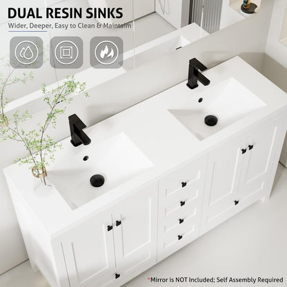 eclife 60" Bathroom Vanities with Sink Combo, Modern Thickened Wood Bathroom Storage Cabinet w/Undermount White Double Sink, Matte Black Faucet Drain, White