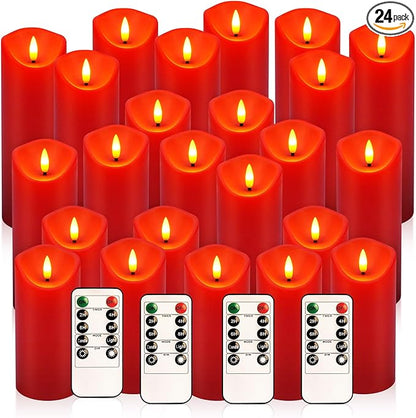 LED Flameless Candles with Remote, Set of 24 Red Flickering Candles, Battery Operated Realistic Pillar Candles for Halloween, Christmas, New Year, Home Decor, Parties