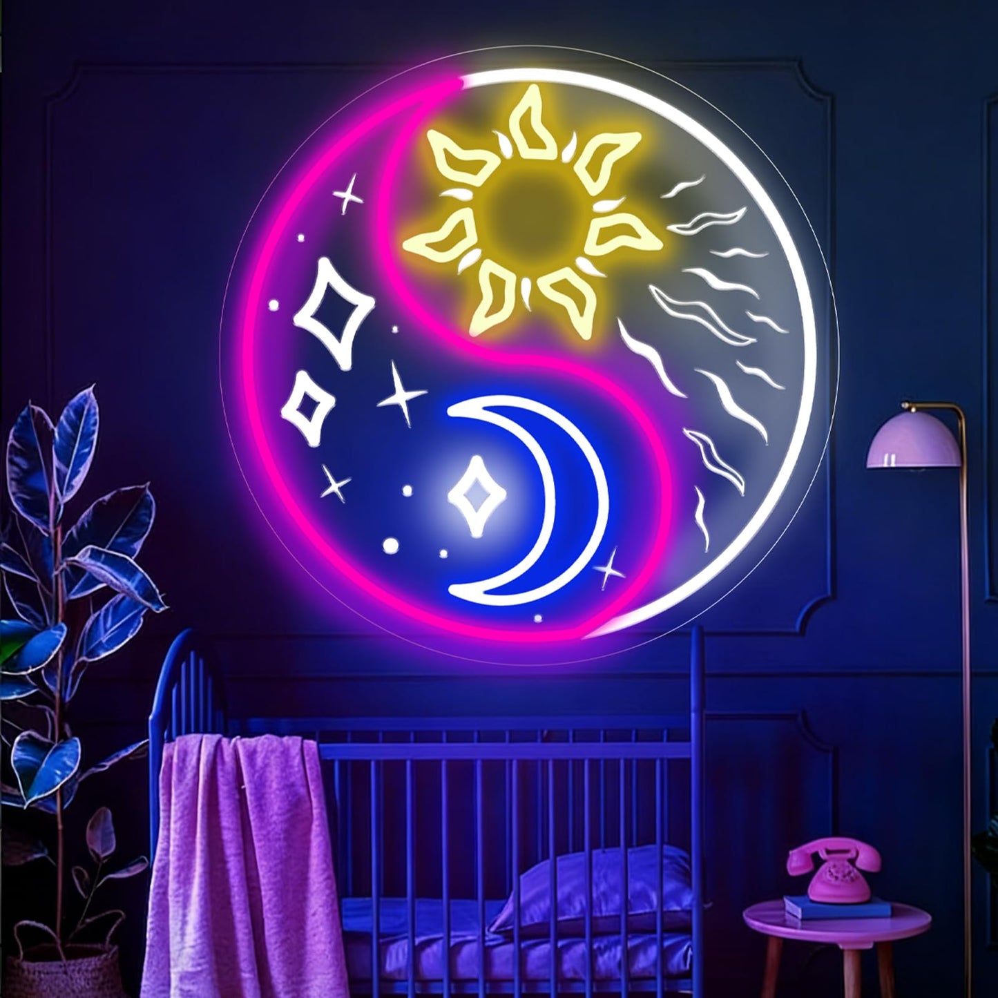 Yin Yang Sun Moon Neon Sign, LED Neon Sign Wall Decor for Bedroom Living Room Window Hanging, Chinese Inspired Balance Art Gift New Home Decoration 13.4”×13.4”