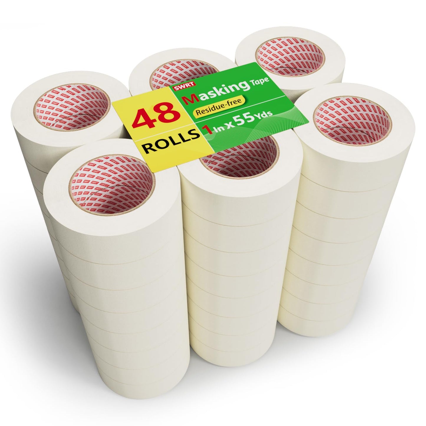 SWRT Masking Tape– 48 Rolls Bulk Pack, 1 Inch Wide x 55 Yards Each (2640 Yards Total), Writable General Purpose Masking Tape for Painting, Labeling & Multi-Surface Projects, Clean Removal & Easy Tear